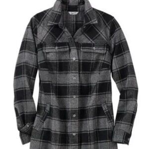 Duluth Trading Co. Folklore Flannel Duster, gray & black plaid, large, EUC